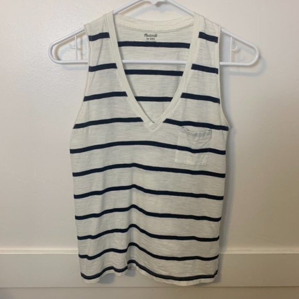 Madewell White & Blue Striped Whisper V-Neck Tank Top